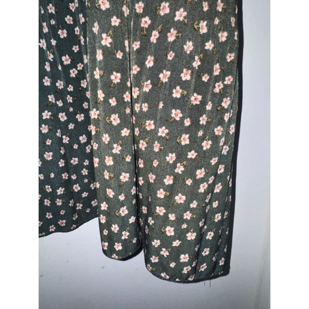 Floral Pleated Midi Skirt Green With Pink & White Flowers Large 100% Cotton Vint - Picture 4 of 6